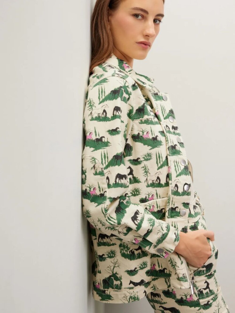 Rachel Antonoff Lizzie denim barn jean jacket in horse girl print cream green S - Picture 2 of 14